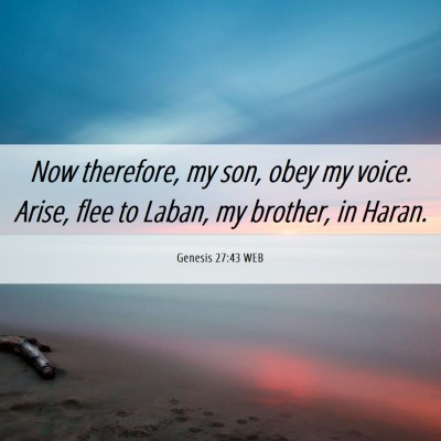 Picture 06 - Genesis 27:43 WEB - Now therefore, my son, obey my voice. Arise, flee - Bible Verse Picture