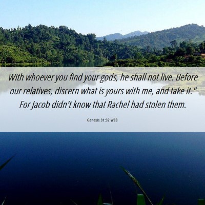 Picture 06 - Genesis 31:32 WEB - With whoever you find your gods, he shall not - Bible Verse Picture