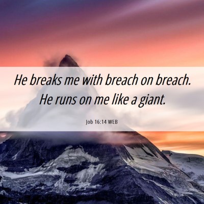Picture 06 - Job 16:14 WEB - He breaks me with breach on breach. He runs on me - Bible Verse Picture