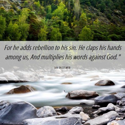 Picture 06 - Job 34:37 WEB - For he adds rebellion to his sin. He claps his - Bible Verse Picture