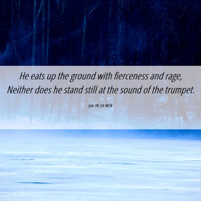 Picture 06 - Job 39:24 WEB - He eats up the ground with fierceness and rage, - Bible Verse Picture