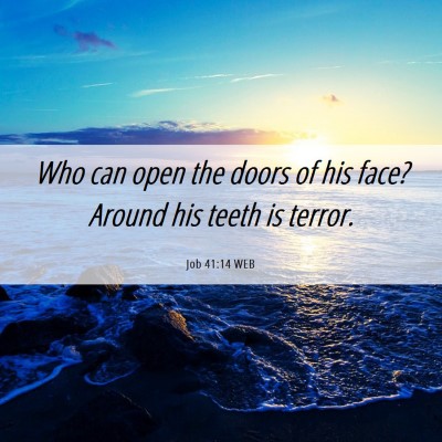 Picture 06 - Job 41:14 WEB - Who can open the doors of his face? Around his - Bible Verse Picture
