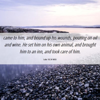 Picture 06 - Luke 10:34 WEB - came to him, and bound up his wounds, pouring on - Bible Verse Picture
