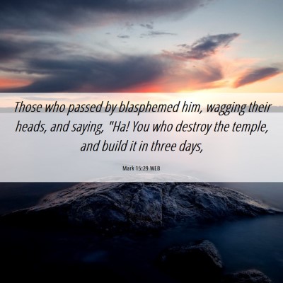 Picture 06 - Mark 15:29 WEB - Those who passed by blasphemed him, wagging their - Bible Verse Picture