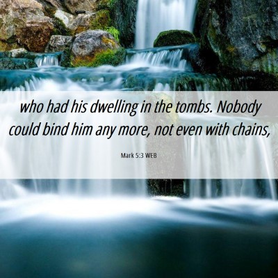 Picture 06 - Mark 5:3 WEB - who had his dwelling in the tombs. Nobody could - Bible Verse Picture
