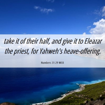 Picture 06 - Numbers 31:29 WEB - take it of their half, and give it to Eleazar the - Bible Verse Picture