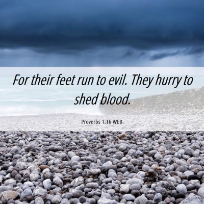 Picture 06 - Proverbs 1:16 WEB - For their feet run to evil. They hurry to shed - Bible Verse Picture