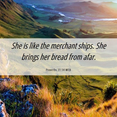 Picture 06 - Proverbs 31:14 WEB - She is like the merchant ships. She brings her - Bible Verse Picture