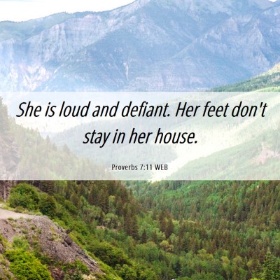 Picture 06 - Proverbs 7:11 WEB - She is loud and defiant. Her feet don't stay in - Bible Verse Picture