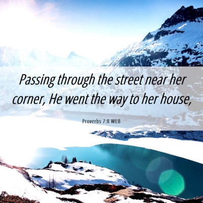 Picture 06 - Proverbs 7:8 WEB - Passing through the street near her corner, He - Bible Verse Picture