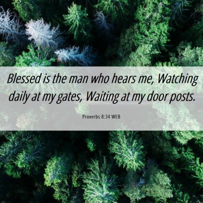Picture 06 - Proverbs 8:34 WEB - Blessed is the man who hears me, Watching daily - Bible Verse Picture