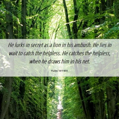 Picture 06 - Psalms 10:9 WEB - He lurks in secret as a lion in his ambush. He - Bible Verse Picture