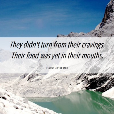 Picture 06 - Psalms 78:30 WEB - They didn't turn from their cravings. Their food - Bible Verse Picture