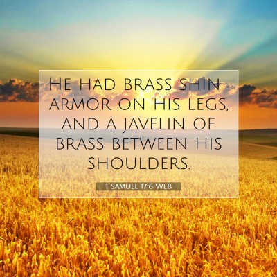 Picture 07 - 1 Samuel 17:6 WEB - He had brass shin-armor on his legs, and a - Bible Verse Picture