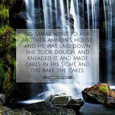Picture 07 - 2 Samuel 13:8 WEB - So Tamar went to her brother Amnon's house; and - Bible Verse Picture