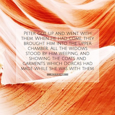 Picture 07 - Acts 9:39 WEB - Peter got up and went with them. When he had - Bible Verse Picture