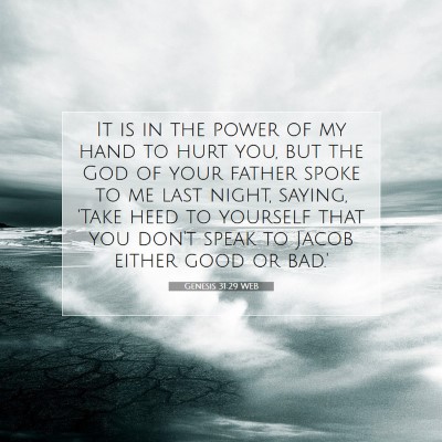 Picture 07 - Genesis 31:29 WEB - It is in the power of my hand to hurt you, but - Bible Verse Picture
