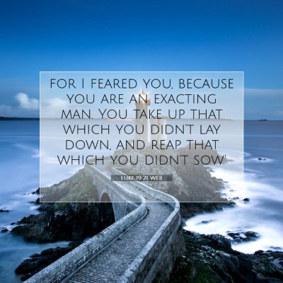 Picture 07 - Luke 19:21 WEB - for I feared you, because you are an exacting - Bible Verse Picture