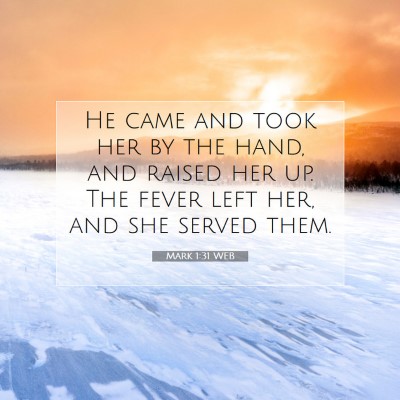 Picture 07 - Mark 1:31 WEB - He came and took her by the hand, and raised her - Bible Verse Picture