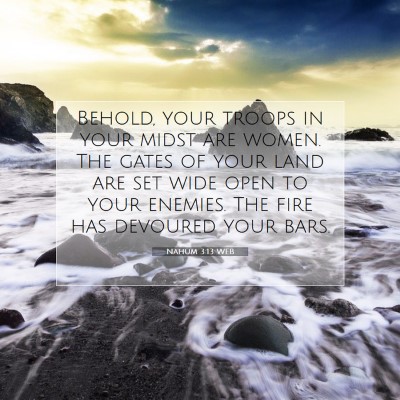 Picture 07 - Nahum 3:13 WEB - Behold, your troops in your midst are women. The - Bible Verse Picture