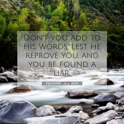 Picture 07 - Proverbs 30:6 WEB - Don't you add to his words, Lest he reprove you, - Bible Verse Picture