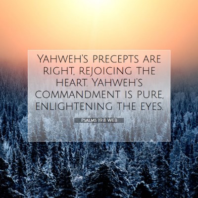 Picture 07 - Psalms 19:8 WEB - Yahweh's precepts are right, rejoicing the heart. - Bible Verse Picture