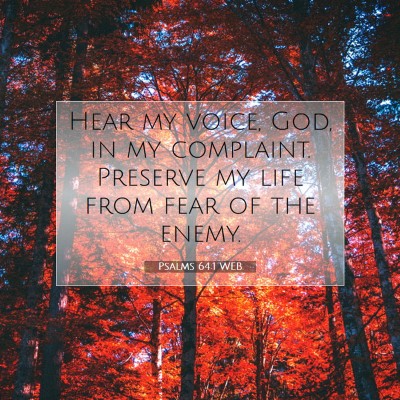 Picture 07 - Psalms 64:1 WEB - Hear my voice, God, in my complaint. Preserve my - Bible Verse Picture