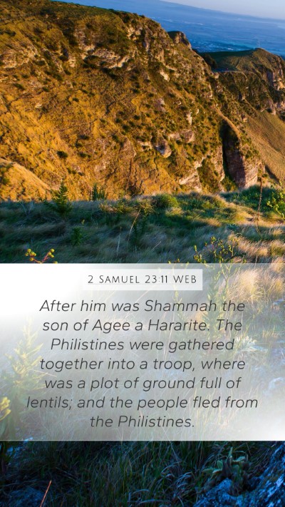 2 Samuel 23:11 WEB Mobile Phone Wallpaper - After him was Shammah the son of Agee a Hararite. - Mobile Bible Verse Wallpaper