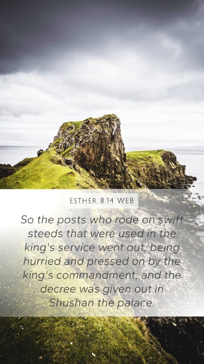 Esther 8:14 WEB Bible Verse Image