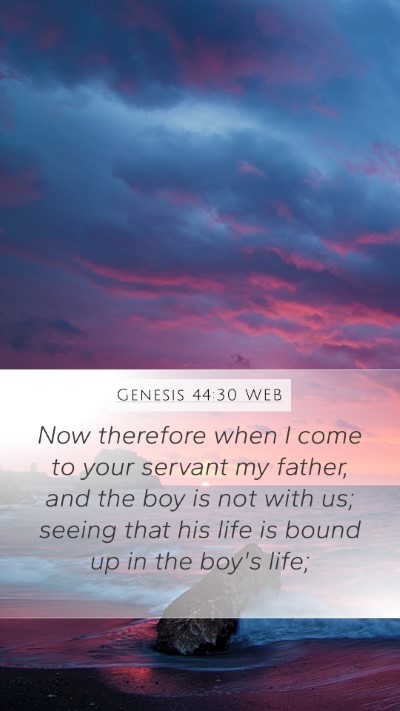 Genesis 44:30 WEB Bible Verse Image