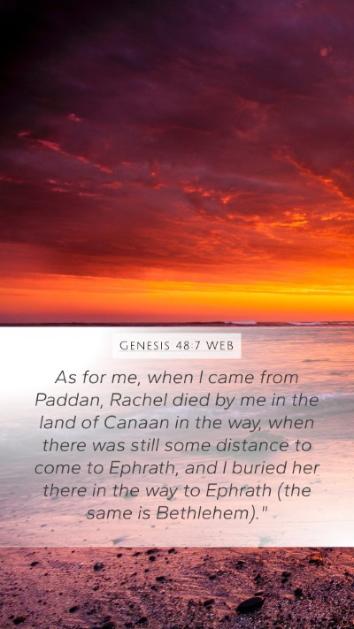 Genesis 48:7 WEB Mobile Phone Wallpaper - As for me, when I came from Paddan, Rachel died - Mobile Bible Verse Wallpaper