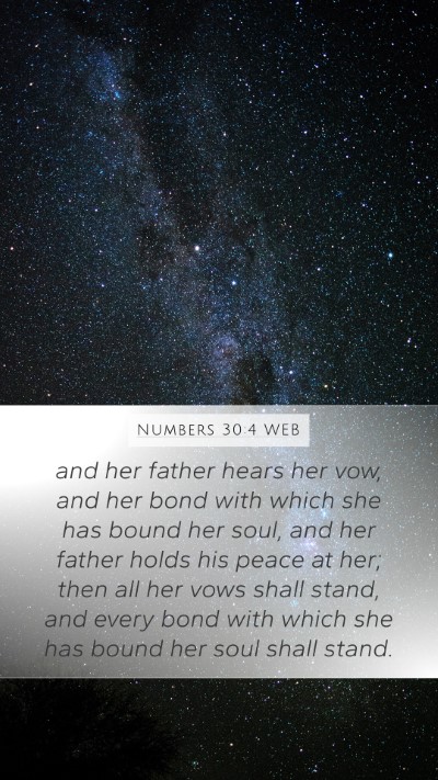 Numbers 30:4 WEB Mobile Phone Wallpaper - and her father hears her vow, and her bond with - Mobile Bible Verse Wallpaper