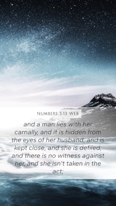 Numbers 5:13 WEB Mobile Phone Wallpaper - and a man lies with her carnally, and it is - Mobile Bible Verse Wallpaper