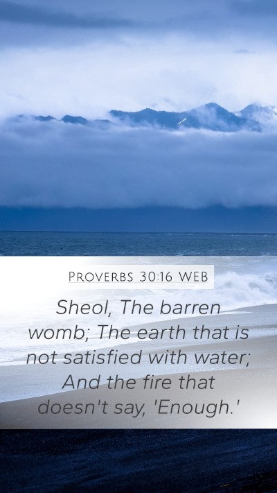 Proverbs 30:16 WEB Mobile Phone Wallpaper - Sheol, The barren womb; The earth that is not - Mobile Bible Verse Wallpaper