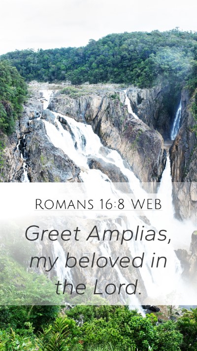 Romans 16:8 WEB Mobile Phone Wallpaper - Greet Amplias, my beloved in the - Mobile Bible Verse Wallpaper
