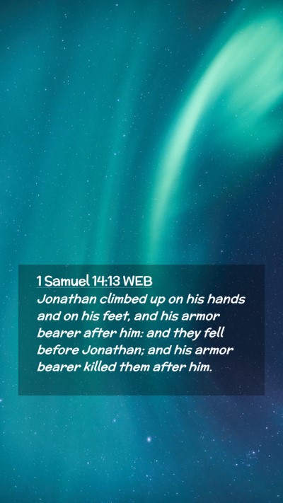 Picture 02 - 1 Samuel 14:13 WEB Mobile Phone Wallpaper - Jonathan climbed up on his hands and on his feet, - Mobile Bible Verse Wallpaper