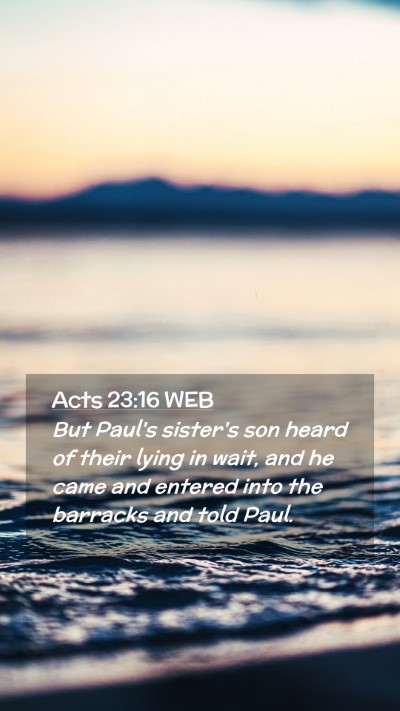 Picture 02 - Acts 23:16 WEB Mobile Phone Wallpaper - But Paul's sister's son heard of their lying in - Mobile Bible Verse Wallpaper