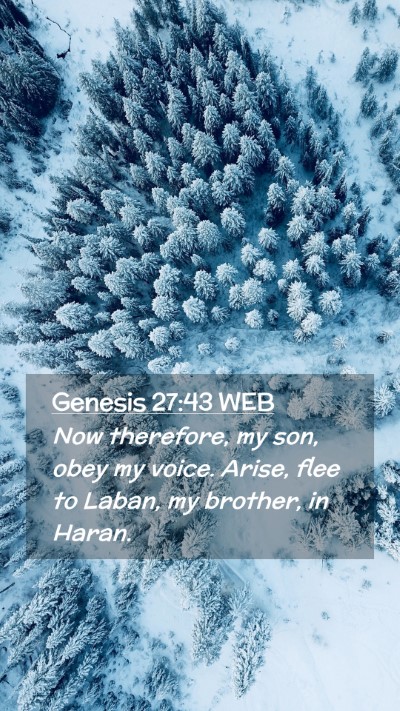 Picture 02 - Genesis 27:43 WEB Mobile Phone Wallpaper - Now therefore, my son, obey my voice. Arise, flee - Mobile Bible Verse Wallpaper