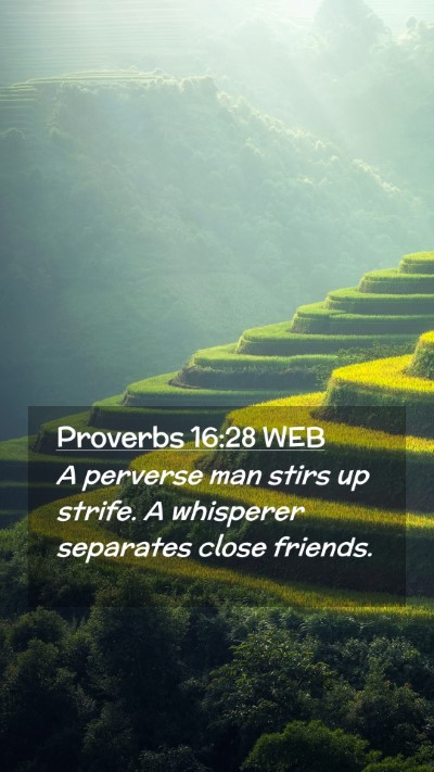 Picture 02 - Proverbs 16:28 WEB Mobile Phone Wallpaper - A perverse man stirs up strife. A whisperer - Mobile Bible Verse Wallpaper