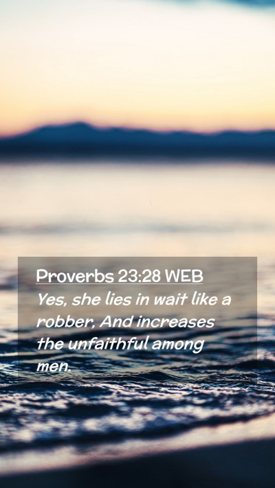 Picture 02 - Proverbs 23:28 WEB Mobile Phone Wallpaper - Yes, she lies in wait like a robber, And - Mobile Bible Verse Wallpaper