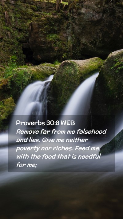 Picture 02 - Proverbs 30:8 WEB Mobile Phone Wallpaper - Remove far from me falsehood and lies. Give me - Mobile Bible Verse Wallpaper