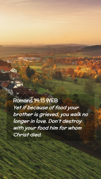 Picture 02 - Romans 14:15 WEB Mobile Phone Wallpaper - Yet if because of food your brother is grieved, - Mobile Bible Verse Wallpaper