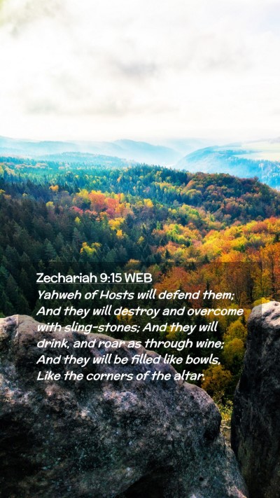 Picture 02 - Zechariah 9:15 WEB Mobile Phone Wallpaper - Yahweh of Hosts will defend them; And they will - Mobile Bible Verse Wallpaper