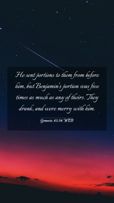 Picture 03 - Genesis 43:34 WEB Mobile Phone Wallpaper - He sent portions to them from before him, but - Mobile Bible Verse Wallpaper