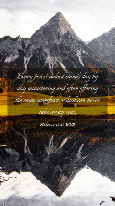 Picture 03 - Hebrews 10:11 WEB Mobile Phone Wallpaper - Every priest indeed stands day by day ministering - Mobile Bible Verse Wallpaper