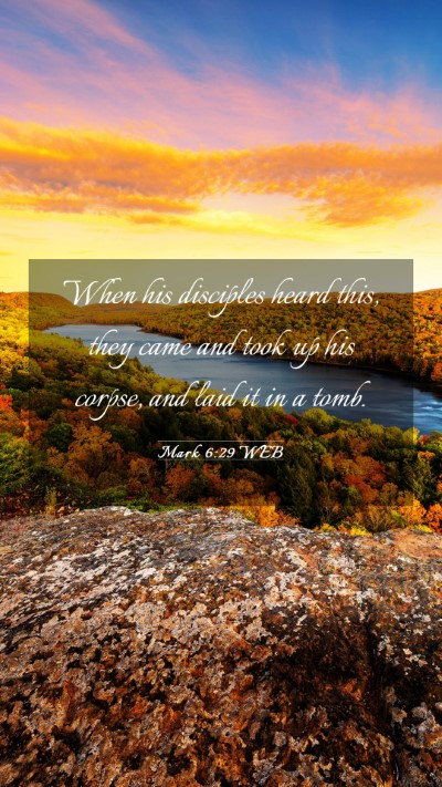 Picture 03 - Mark 6:29 WEB Mobile Phone Wallpaper - When his disciples heard this, they came and took - Mobile Bible Verse Wallpaper