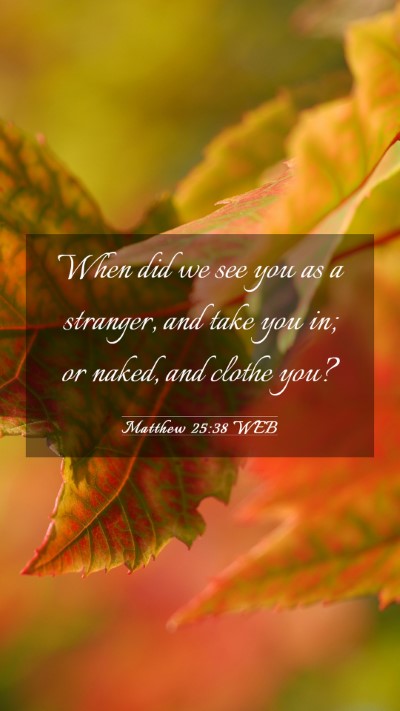 Picture 03 - Matthew 25:38 WEB Mobile Phone Wallpaper - When did we see you as a stranger, and take you - Mobile Bible Verse Wallpaper