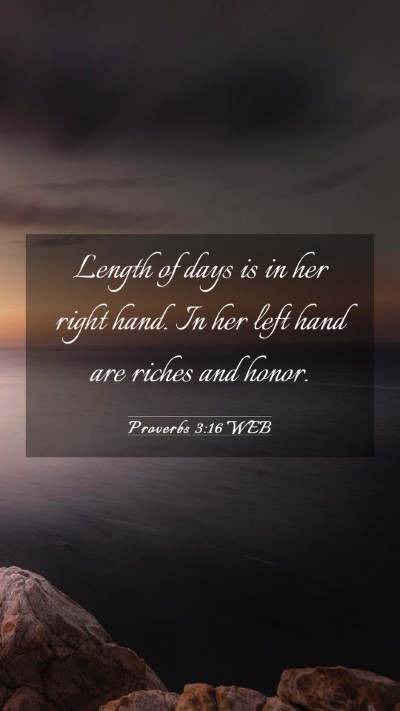 Picture 03 - Proverbs 3:16 WEB Mobile Phone Wallpaper - Length of days is in her right hand. In her left - Mobile Bible Verse Wallpaper