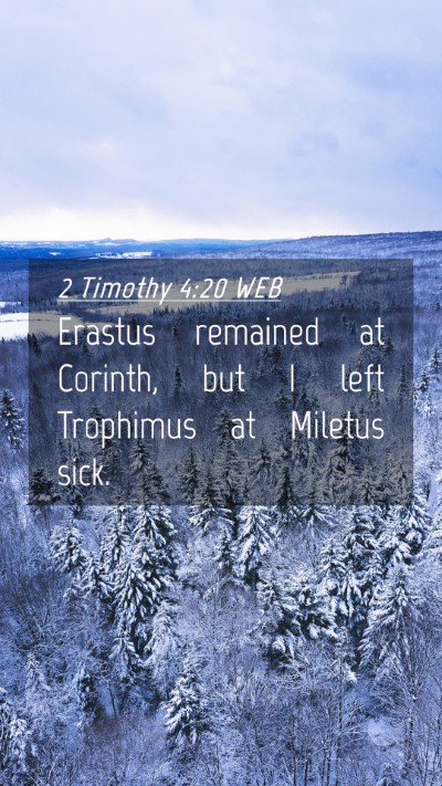 Picture 04 - 2 Timothy 4:20 WEB Mobile Phone Wallpaper - Erastus remained at Corinth, but I left Trophimus - Mobile Bible Verse Wallpaper