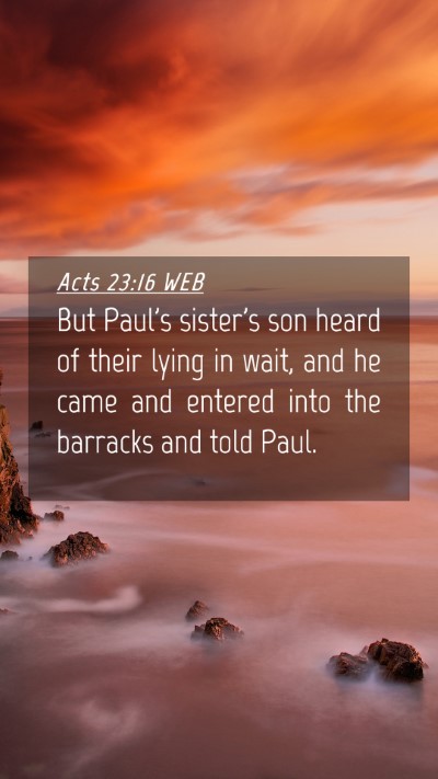 Picture 04 - Acts 23:16 WEB Mobile Phone Wallpaper - But Paul's sister's son heard of their lying in - Mobile Bible Verse Wallpaper